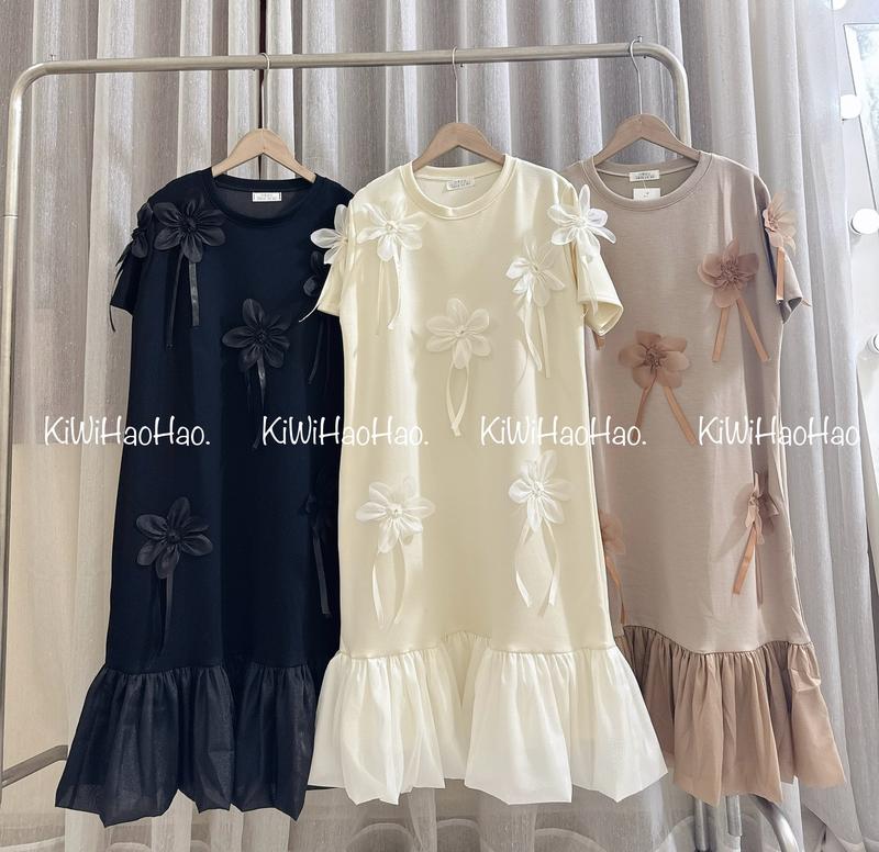 Product Introduction of Váy bầu Kết Hợp Sau Sinh (V102).  Chất umi Lạnh Thêu Hoa Nổi Cao Cấp  - Cổ Tròn Cộc Tay Dáng Babydoll Dài hơn- chân váy xoè -4 màu xinh xinh 10