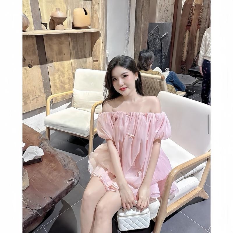 Váy babydoll trễ vai bo eo dáng xoè tay bồng chất voan tơ 2 lớp hồng canh be, Đầm chipu xoè hở vai đi chơi đi biển đẹp, SUKA SHOP 3