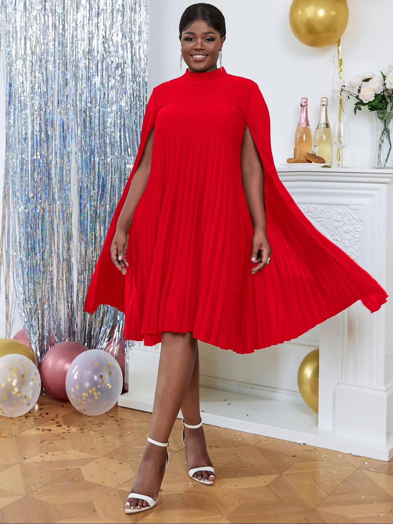 Plus Size Solid Color Cloak Sleeve Pleated Dress, Plus Elegant Keyhole Neckline Knee Length Dress for Party Holiday Wedding Guest, Women's Plus Clothes for All Seasons