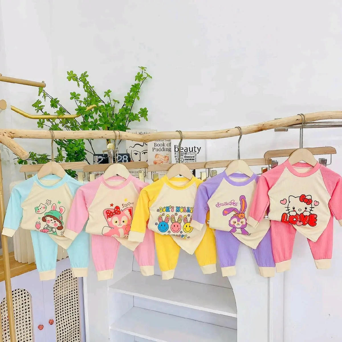 Combo 5 bộ TAY DÀI thun tăm cho bé - đồ bộ cho bé- đồ bộ thun tăm - bé trộm vía hơi tròn xin tăng lên 1kg để mặc thoải mái ạ-đồ tết cho bé set baby