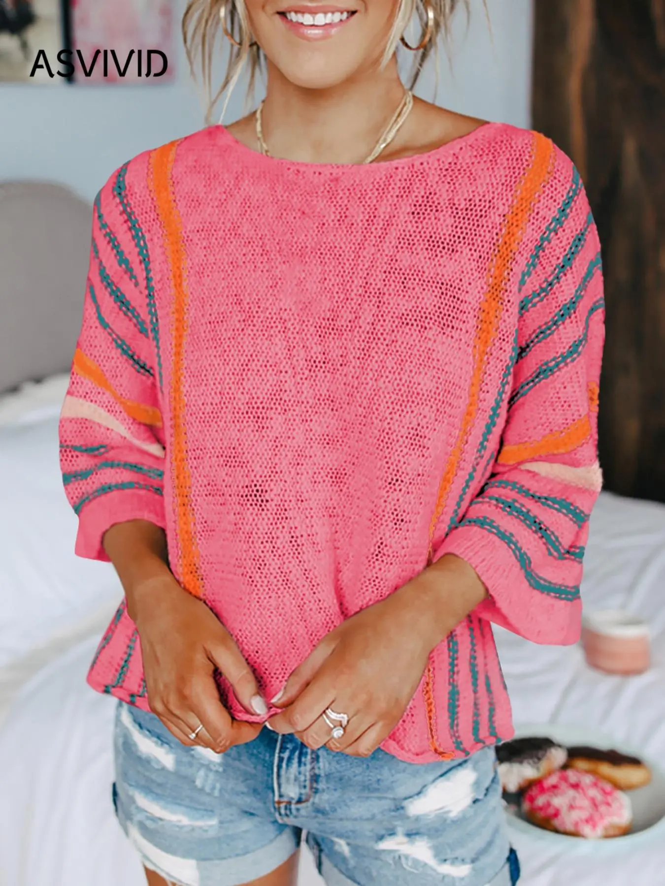 Women's Striped Print Flounce Sleeve Sweater, Casual 3/4 Sleeve Round Neck Jumper for Spring & Fall, Fashion Women's Knitwear for Daily Wear