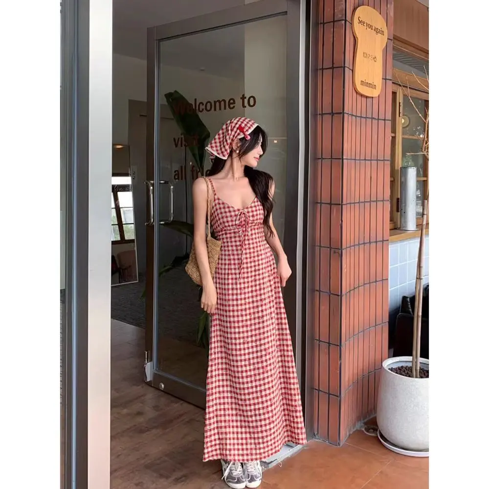 Women Red Plaid Maxi Dress V-Neck Halter Tie Front Vintage Beach Vacation  Daily Summer Outfit - TikTok Shop Philippines