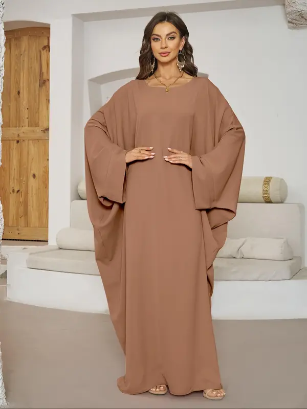 Women's Plain Batwing Sleeve Kaftan Dress, Elegant Long Sleeve Round Neck Maxi Dress for Daily Wear, Dresses for Women, Ladies Clothes for All Seasons 6