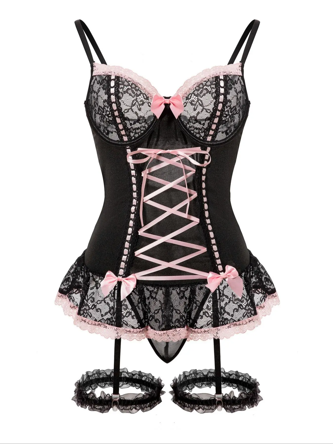 Women's Floral Lace Bustier Corset Top & Thong & 1 Pair Thigh Garter Sexy Lingerie Set, Push Up Lingerie Top & Panty & Thigh Rings Set, Women's Lingerie & Underwear for Party Holiday