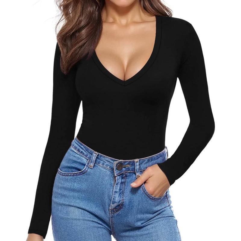 TikTok Shop Women deep V neck long sleeve fleece lining slim fit t shirt tops tee