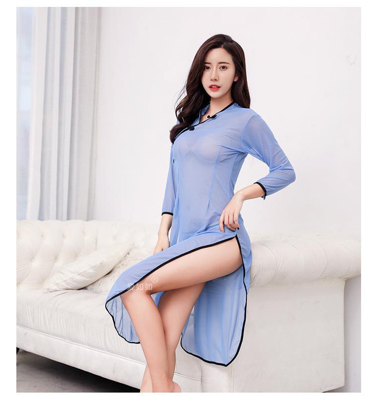Product Introduction of Sexy Lingerie Sexy Republic of China Student Costume Long Cheongsam Temptation Mesh Female Sexy Long Nightdress 18