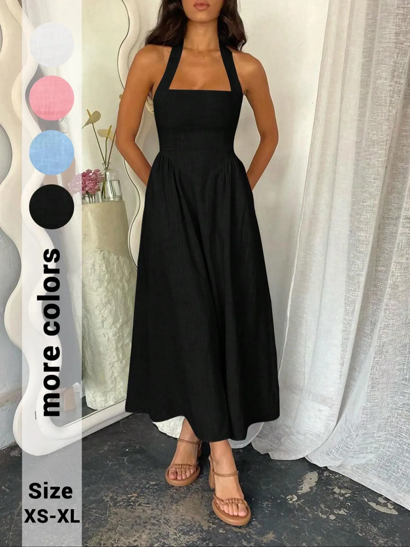 Women's Plain Pocket Zipper Back Dress, Casual Sleeveless Halter Neck A Line Dress for Summer, Ladies Clothes for Beach Holiday, Minimalist Womenswear