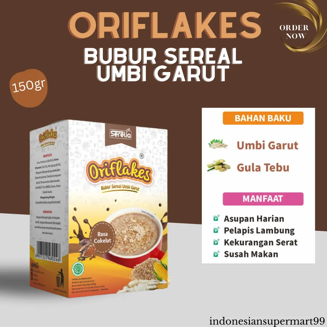 Oriflakes Daily Bubur Sereal Umbi Garut  Asupan Sehat Harian Dan Solusi Asam Lambung Rasa Coklat 150gr @ 5 sachet
