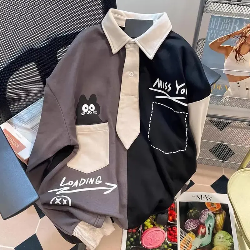 Miss You Loading Collar Oversized Sweater Outerwear Remaja Wanita Korean Style Premium Crewneck Fit Fleece Panjang 0