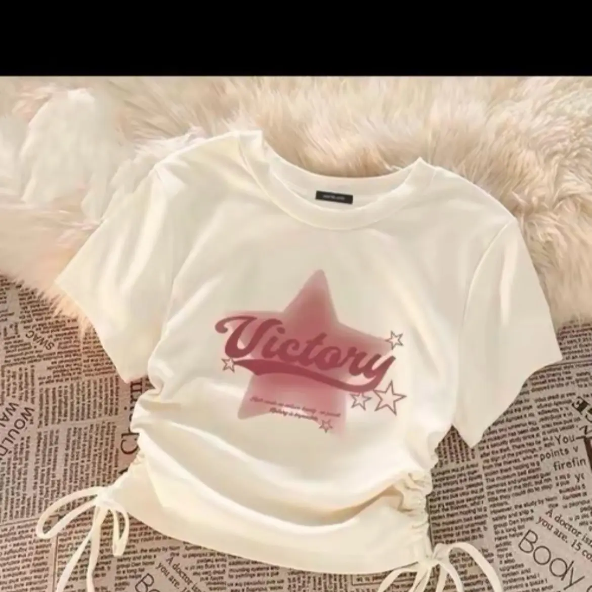 Áo croptop rút dây 2 bên,in hình ngôi sao dễ thương Nữ Women Cổ Tròn Thun Trắng
