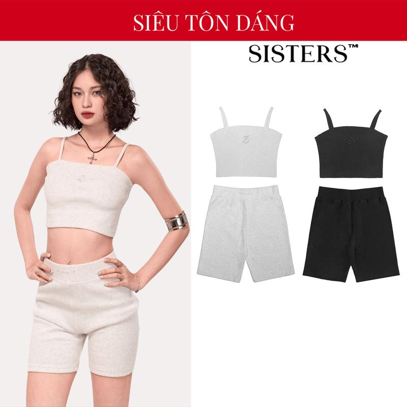 Set đồ nữ thể thao màu đen, xám gồm áo ống có dây và quần biker thun gân Sisters