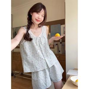 ชุดนอนลายดอกไม้ลายสก๊อตสด, สำหรับผู้หญิง, ชุดฤดูร้อนใหม่, เสื้อกั๊กแขนกุดและกางเกงขาสั้น, ชุดอยู่บ้านลำลอง, OOTD