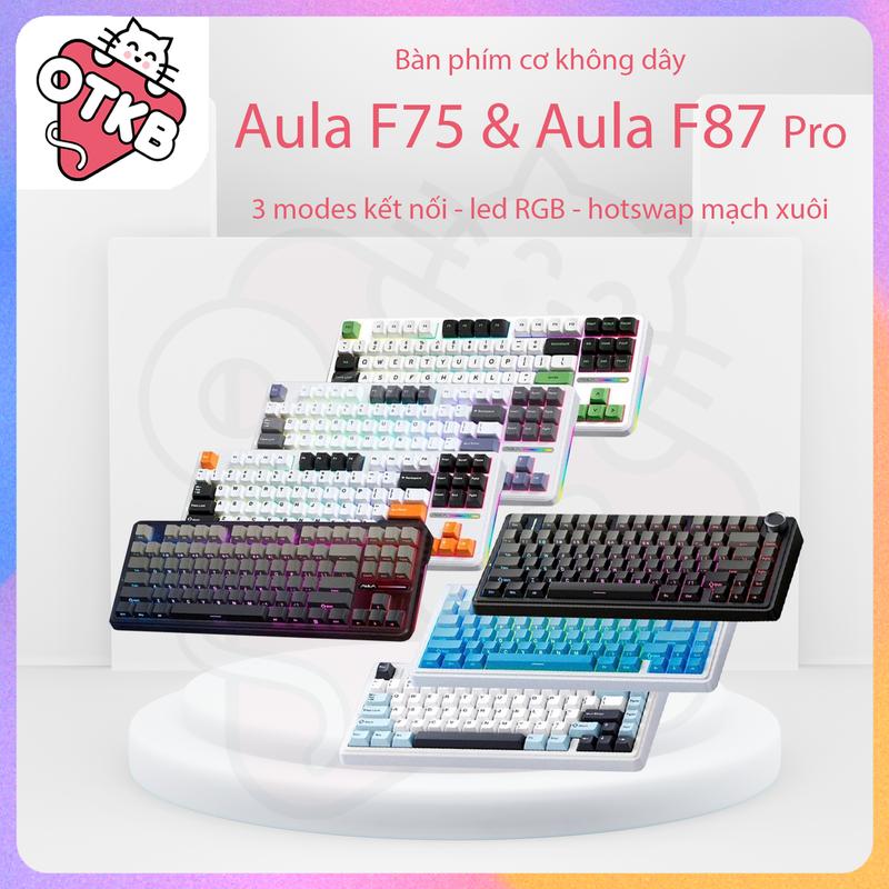 Bàn Phím Cơ không dây gaming aula f75 và aula F87 Pro - Keycap xuyên led (3 modes, mạch xuôi, gasket mount, hotswap) - bàn  phím không ồn silent peach v3