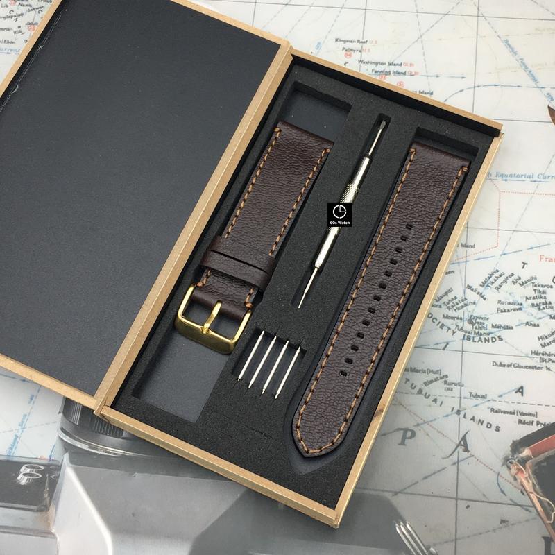 Dây Da Bò Thật Màu Nâu Handmade Cho Đồng Hồ Đeo Tay Fossil Casio Samsung Huawei [Tặng Chốt & Hộp gỗ]