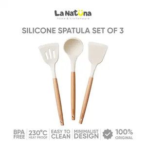 La Natuna Spatula Silikon Set 3in1 Tahan Panas Pegangan Kayu Baking Set Alat Masak Spatula Silicone Serbaguna