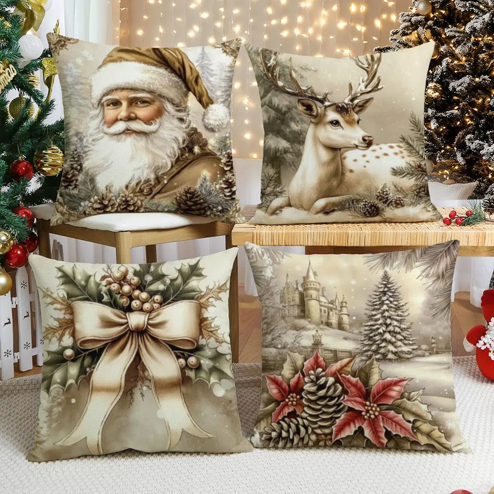 Christmas Themed Cushion Cover, 4 Counts/set Cushion Cover without Filler, Household Decoration Supplies for Living Room Bedroom Sofa Bed