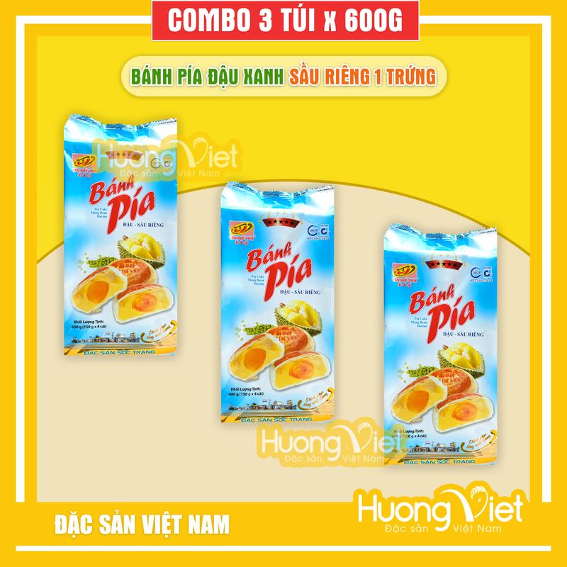 Combo 3 gói bánh pía 5 sao đậu xanh sầu riêng 1 trứng 600gr, bánh pía Tân Huê Viên, đặc sản Sóc Trăng
