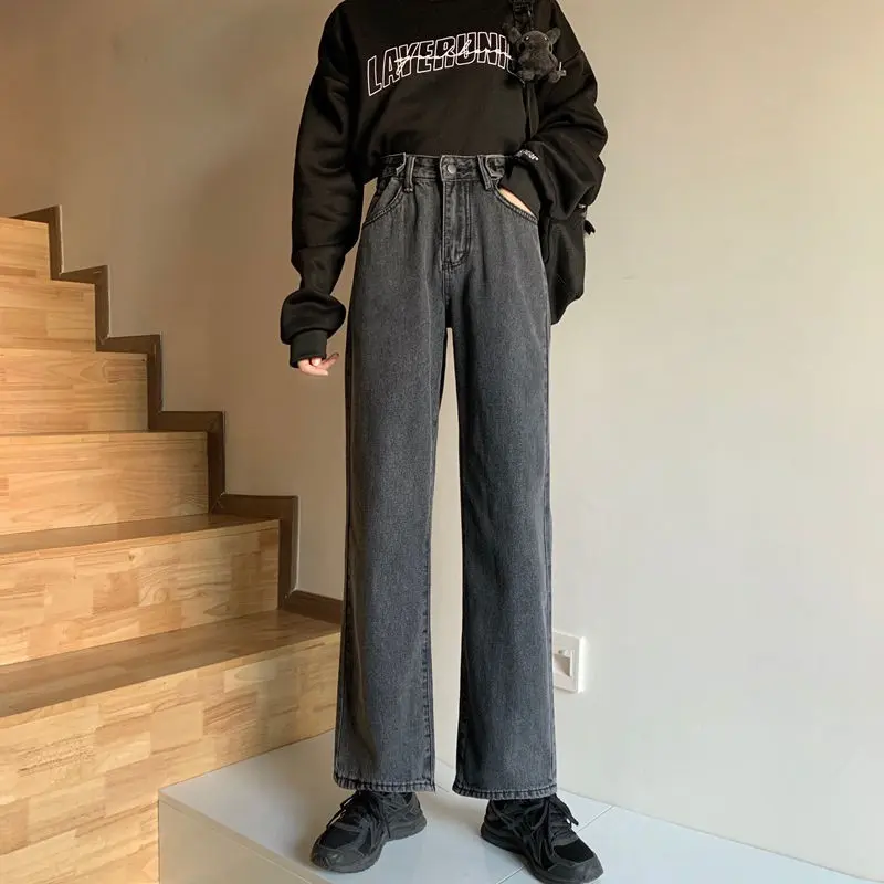 jeans kulot high waist wanita korea style celana kasual loose abu-abu gelap motif polos pants denim panjang putih