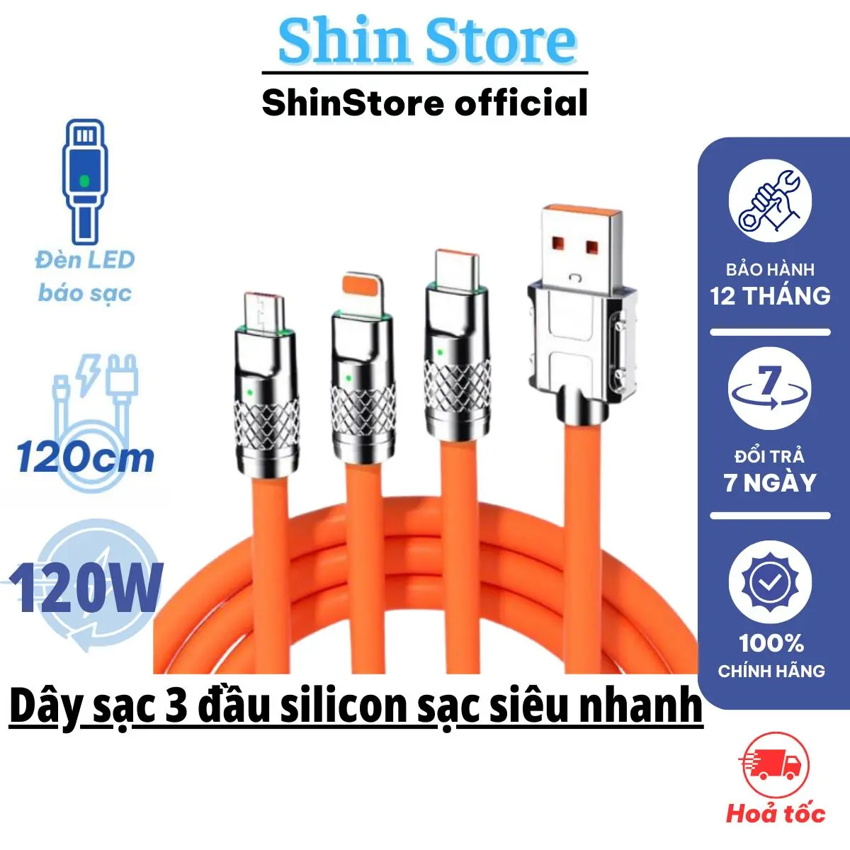 Sạc nhanh 120W có 3 đầu cắm sạc cho các dòng điện thoại, lõi cam sạc siêu nhanh - Shin Store