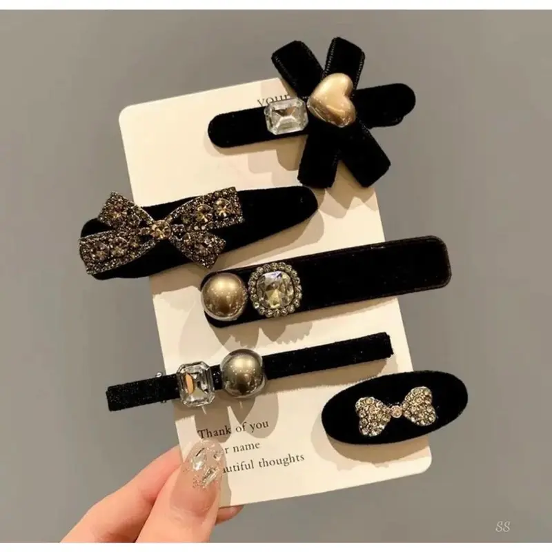 【SALE】 Set 5 kẹp tóc nhung Đen & Đỏ đính nơ đá sang chảnh cho các tỷ tỷ Nữ 6