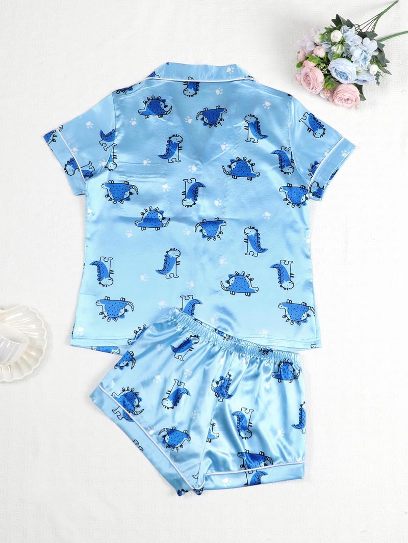 Product Introduction of Two-piece Set Women's Cartoon Dinosaur Print Top & Shorts Satin Pyjama Set, Cute Comfy Pocket Short Sleeve Top & Shorts Pj Set, Ladies Summer Sleepwear, Pajamas 2
