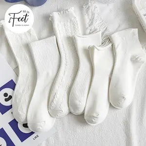 FIT IN FEET - WOMAN SOCKS PLAIN WHITE & BLACK LACES / Kaos Kaki Polos Renda Panjang Wanita Korean Japanese Style