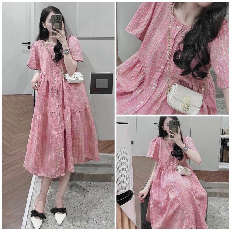[Nhà Moom] Váy babydoll bầu kẻ hồng, tay bồng dáng suông thiết kế siêu xinh cho Mẹ Bầu