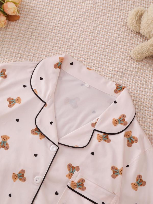 Women's All Over Bear Print Pajama Two-piece Set, Long Sleeve Lapel Neck Button Up Top & Pants PJ Set, Casual Comfy Pyjama Set for Women, Loungewear 2