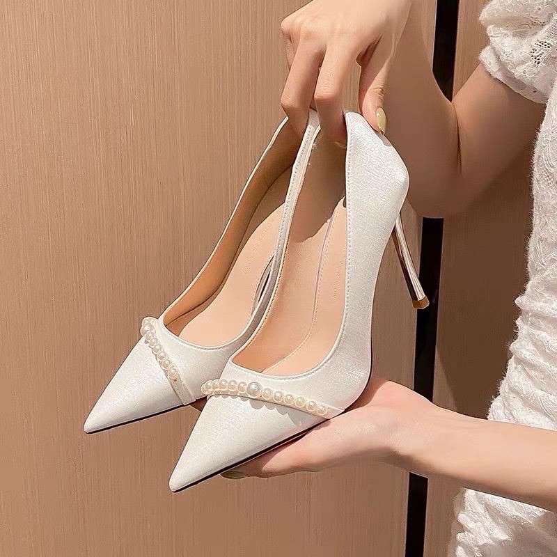   Tuyết Lê  Giày cao gót Tiểu thư - Giày cưới sang chảnh -  K1 - 9cm - Phom gần 1.5 chân gày nhỏ lùi size  Nữ Shoes Women Nhung 