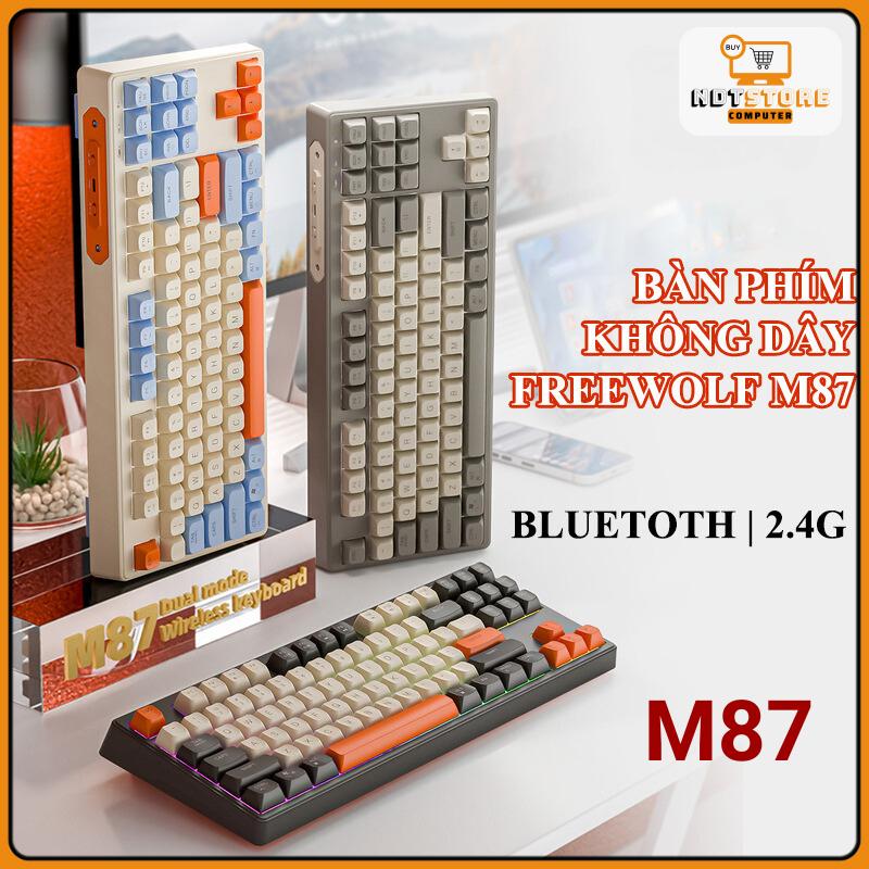 Bàn phím không dây FREEWOLF M87 kết nối Bluetooth và chip USB 2.4G thiết kế TKL 87 phím với nút nhấn không tiếng ồn có