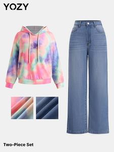 YOZY Women's Tie Dye Print Hoodie & Straight Leg Jeans Set, Casual Long Sleeve Hooded Sweatshirt & Denim Trousers, Ladies Two-piece Outfits for All Seasons