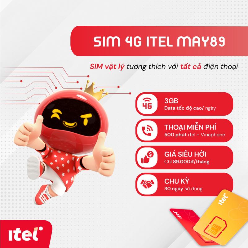 iTel - SIM 4G VẬT LÝ - Gói MAY89 3GB/ngày - 90GB/tháng, miễn phí gọi nội mạng - Phù hợp với mọi smartPhone