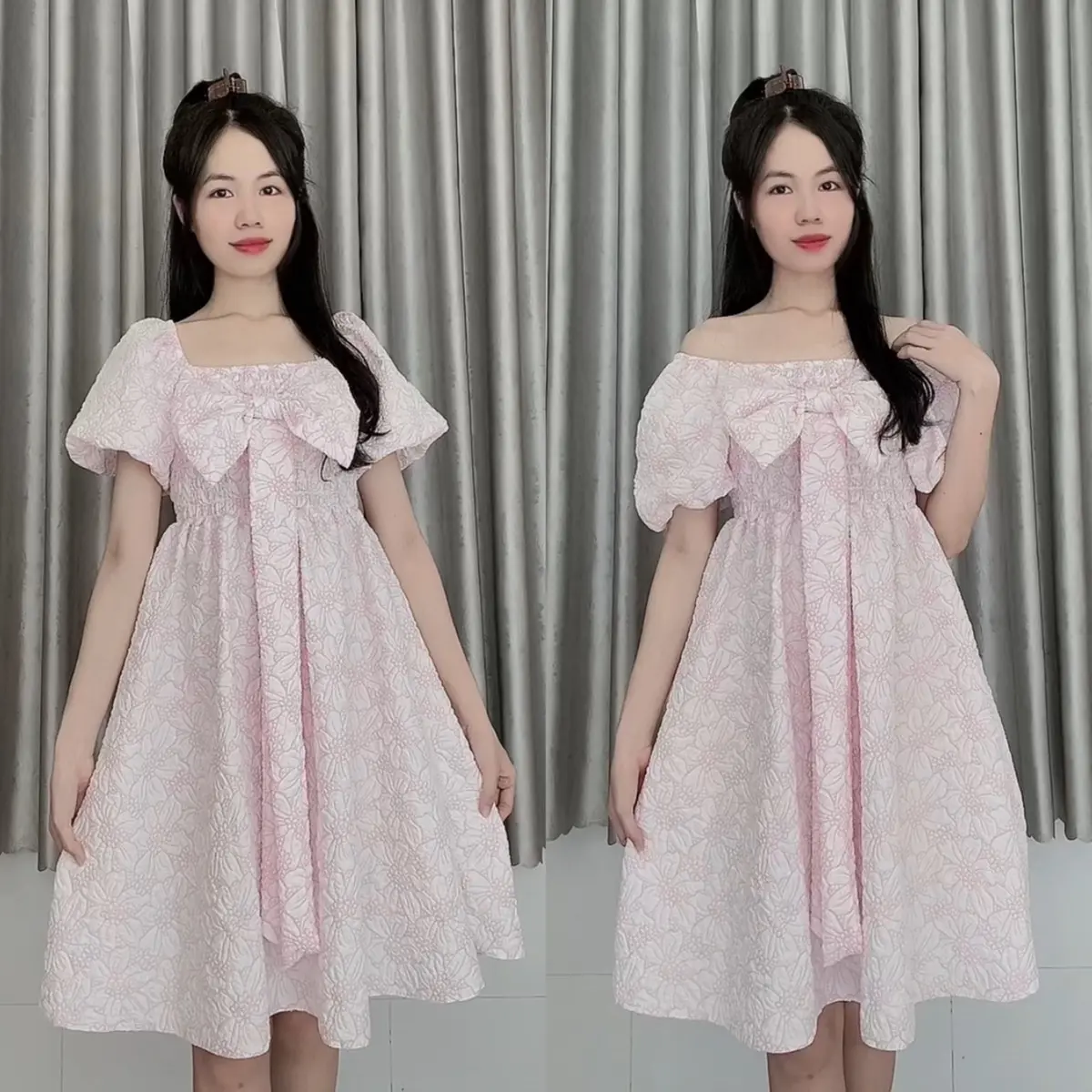 Đầm babydoll tiểu thư dáng xoè phối nơ chất xốp vân hoa siêu đẹp diện Tết - Cici Dress