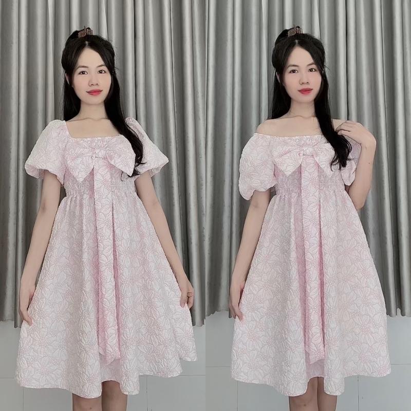 Đầm babydoll tiểu thư dáng xoè phối nơ chất xốp vân hoa siêu đẹp diện Tết - Cici Dress
