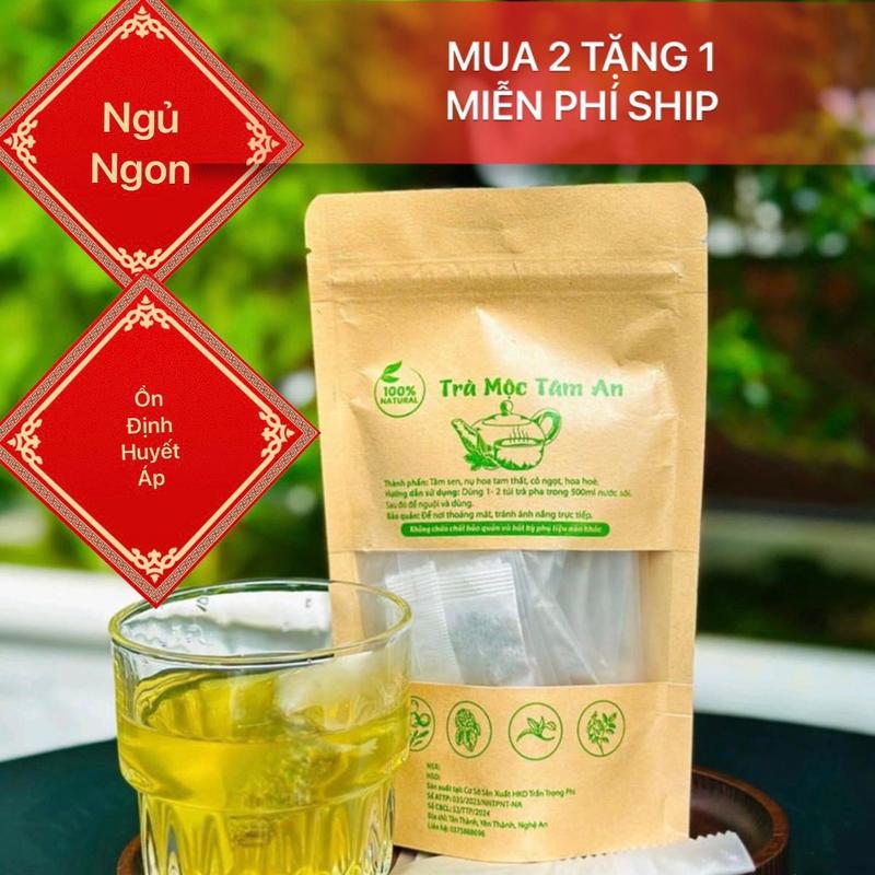 Trà Mộc Tâm An - Tâm Sen, Nụ tam thất, Hoa hòe, Cỏ ngọt - Ngủ ngon ổn định huyết áp - 1 túi 12 gói [ MUA 2 TẶNG 1 ]