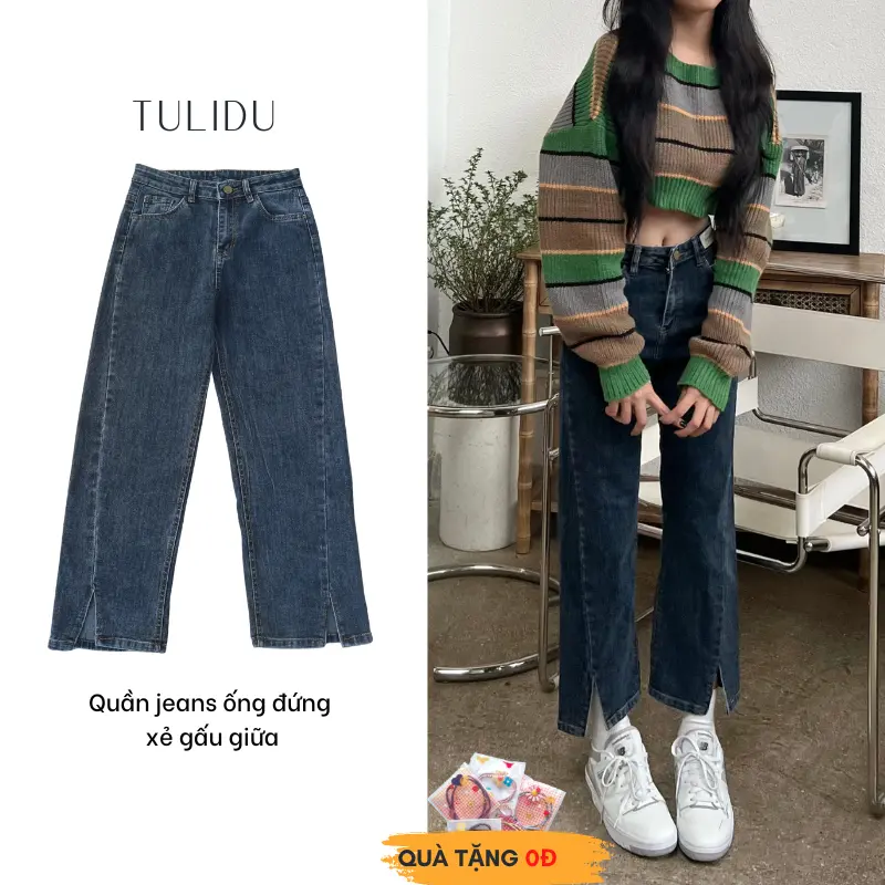 Quần Jean Ống Đứng Tulidu Xẻ Gấu Giữa Thời Trang Chất Cotton Co Giãn Mềm Mịn Nữ Pants