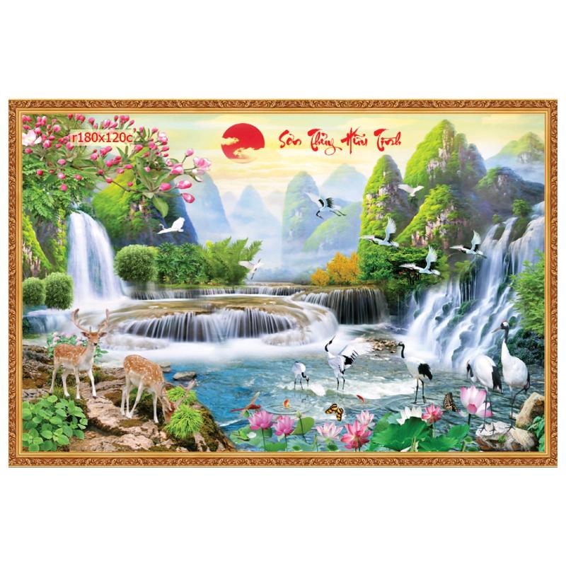 Tranh dán tường 3d tranh sơn thủy hữu tình tranh lụa Decor Phòng Treo Tường Phòng Khách Chống Nước Decor Tường