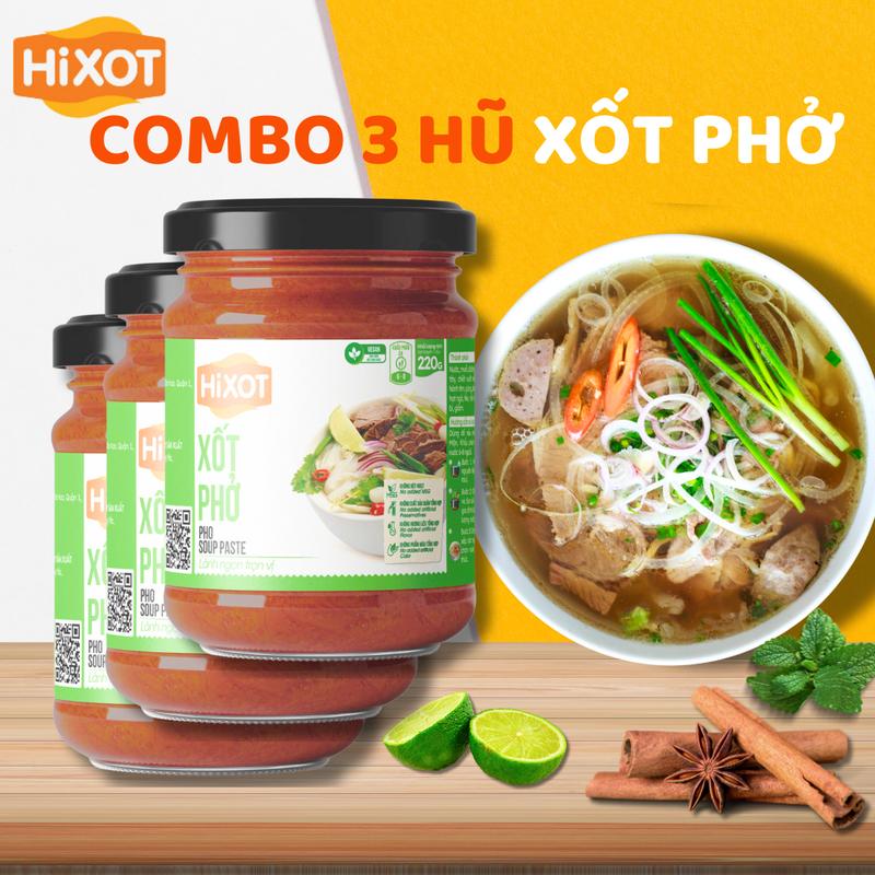 [VEGAN] COMBO 3 HŨ XỐT PHỞ HiXOT 220Gram, gia vị hoàn chỉnh nấu phở bò - phở chay, không cần nêm nếm, lành ngon trọn vị nước cô gói  sốt