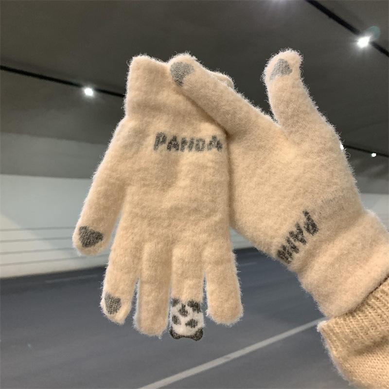Kawaii Touchscreen Winter Gloves‌ – 5-Finger Knitted Design with Thermal Fleece Lining, Waterproof TPU Thumb Patch & Reflective Stripes (Bike Riding Approved) ‌ 5