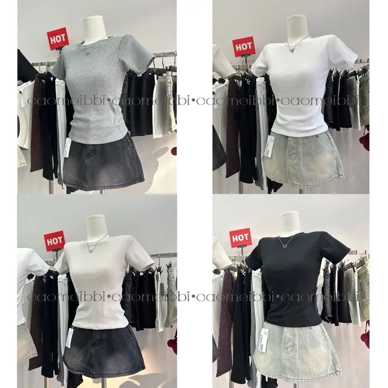 Baby Tee Tay Ngắn Cổ Tròn Ôm Dáng Nhiều Màu Đen / Trắng / Xám / Be