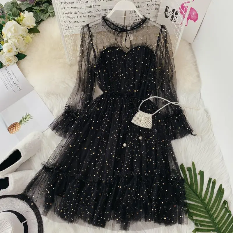 2025 Star Sequin Fairy Dress Mesh Bell Sleeve High Waist Tie Loose Doll  Dress A-line