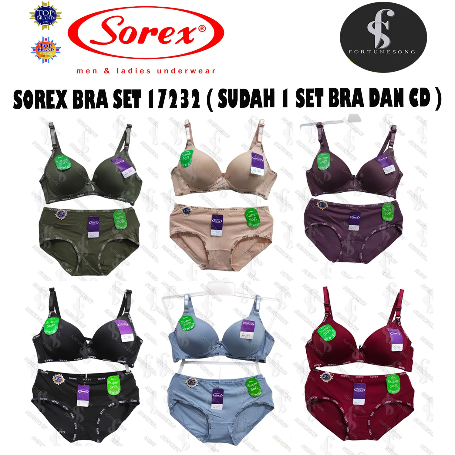Sorex-Bra Set Sorex Super Soft Tanpa Kawat Kait 2 Cup A-B PILIH WARNA (Bra Art 17232 dengan CD 15232) dan Bra set 17077 kait 3