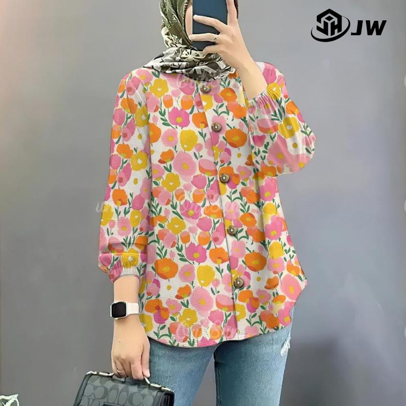 Product Introduction of Baju Raya 2025 Viral Nude Blouse Puff Sleeve Muslim Shirt Long Dress Korean Style Muslimah Small Floral Muslim Shirt + Skirt Set 25