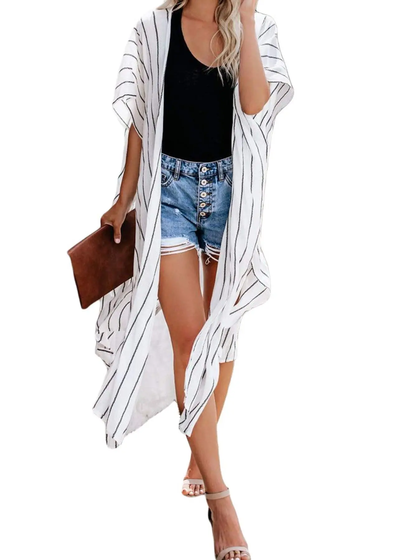 Women's Striped Print Fringe Trim Open Front Cape Kimono, Casual Loose Long Sleeve Outerwear for Beach Vacation, Ladies Clothes for All Seasons