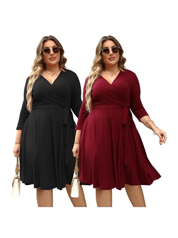 【Plus Size】Trendy Plain Wrap V Neck Belted A Line Plus Size Dress, Women's 3/4 Length Sleeve Solid Dress, Summer Dresses, Womenswear 7