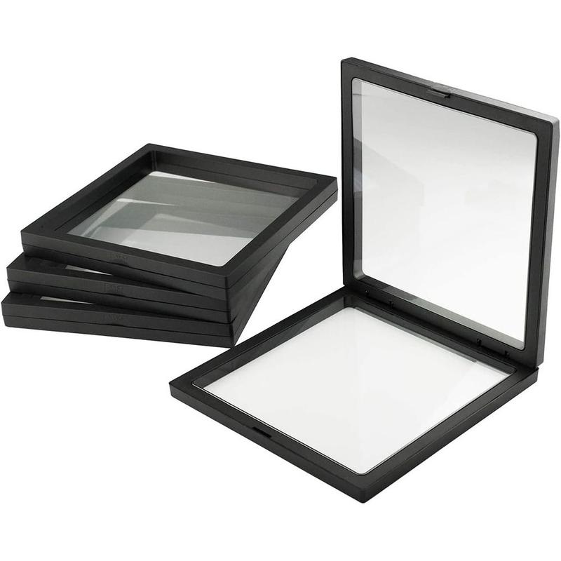 Product Introduction of 5PCS Practical Plastic 3D Floating Display Case 7x7x0.8inch Square Shape Floating Display Frame Fossil Floating Display Frame AA Medallions Decor Light 17