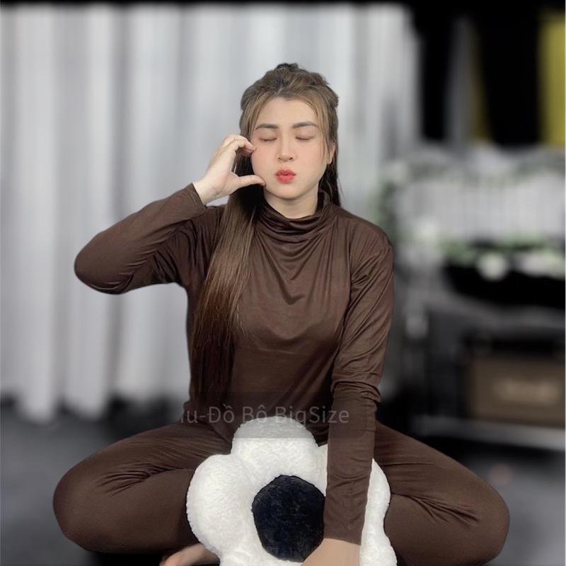 Đồ bộ ủ kem cổ lọ ống ôm thun lạnh dẻo mát mịn nữ 45-90Kg quần có túi(CỔ LỌ) 【 đơn   885 xanh biển đầu ời tran