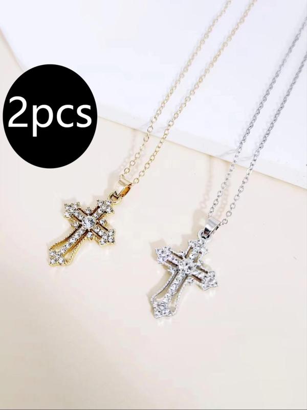 Rhinestone Cross Pendant Necklace (2pcs), Retro Personality Accessories for Both Men & Women, Vintage Jewelry for Party, Daily Clothing Decor for Birthday Gift 0