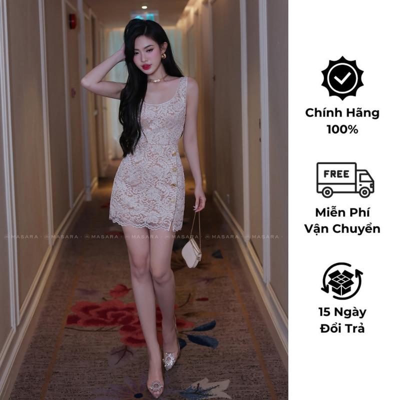 Đầm nữ Masara form body tôn dáng, chất ren xoắn mềm phối hàng nút mạ vàng đính đá sang chảnh vaytet