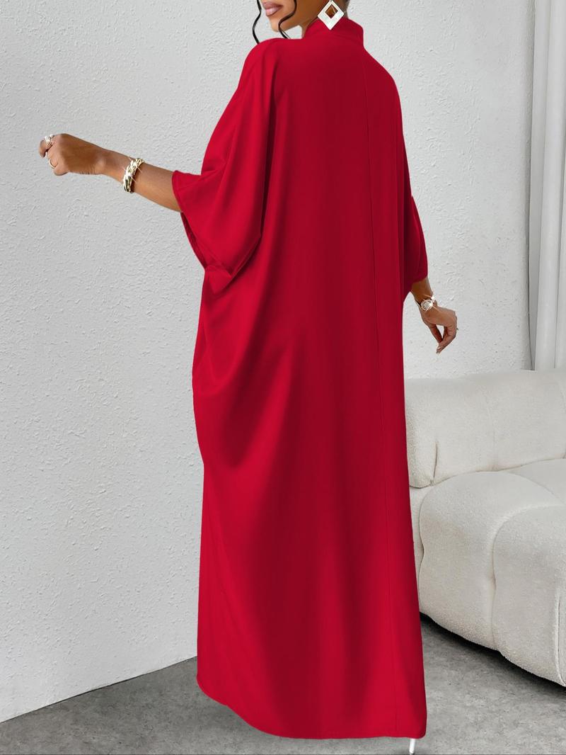 Product Introduction of Women's Plain Notched Neck Split Hem Long Dress, Elegant Fashion Casual Dress for Daily Outdoor Wear, Women Dress for Summer, Summer Dresses 2025 4